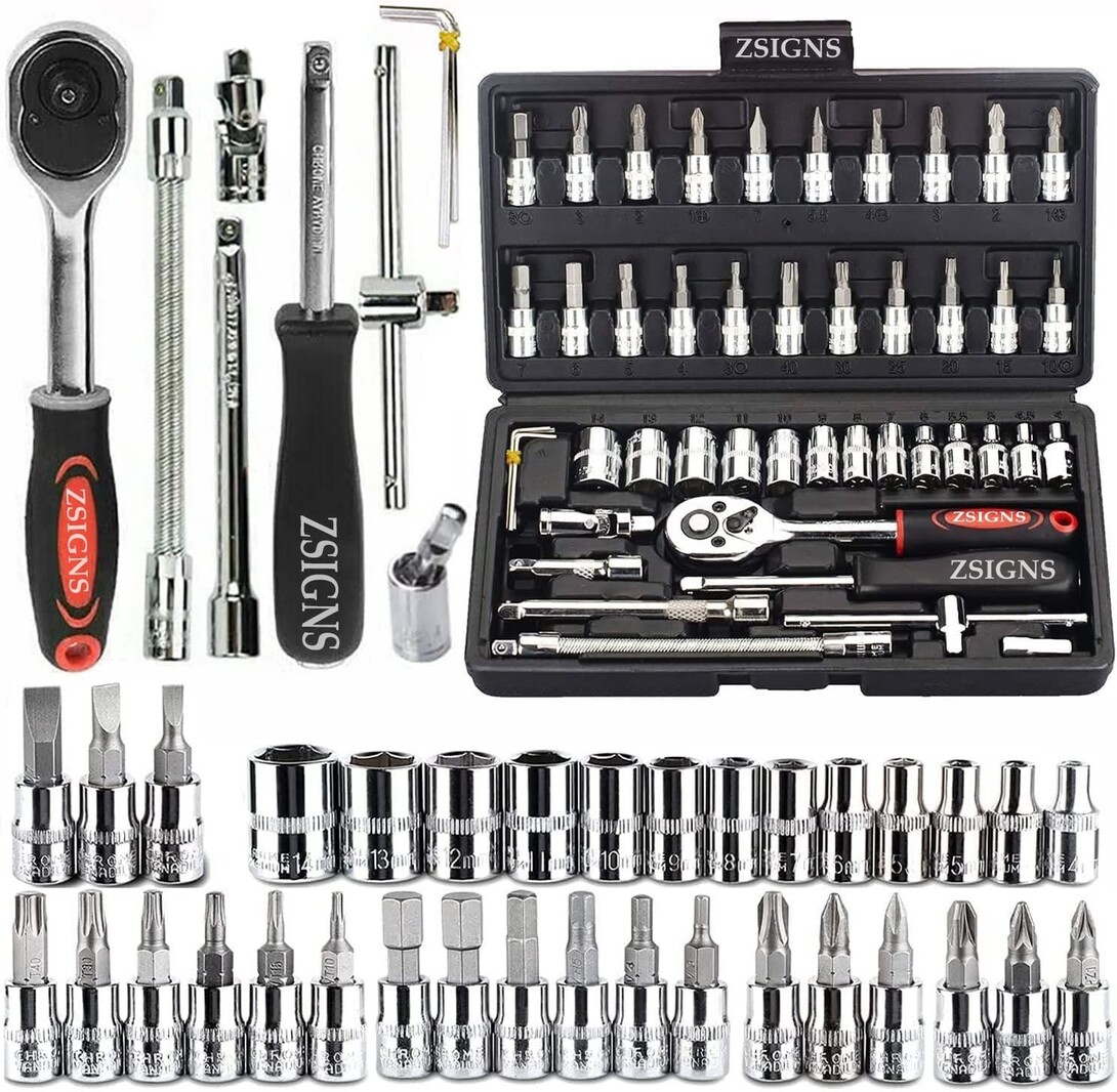 ZSIGNS 46Pcs 1/4 Inch Drive Box End Socket Set, Metric Ratchet Wrench Set 4-14mm CR-V Sockets, S2 Bits, Extension Bar, Mechanic Tool Kit for Household Auto Repair (Black)