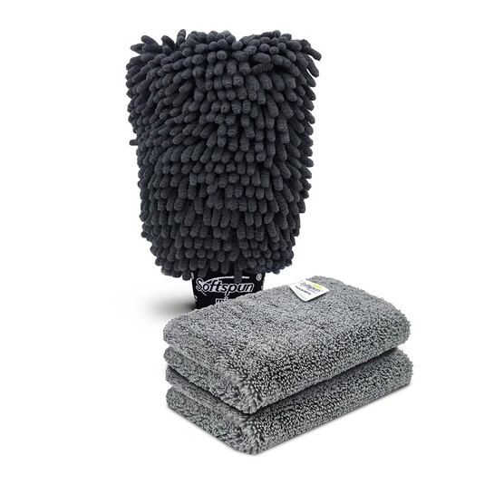 SOFTSPUN Microfiber Single Side 1 Piece Chenille Glove,1700 GSM Grey+20X30cm Cleaning Wipe 2Pcs | Multi-Purpose Super Absorbent and Perfect Wash Cleaning for Bike Auto,Cars Both Interior and Exterior