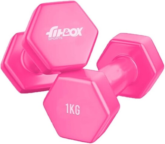 FitBox Sports Premium 2kg (1kg x 2) Vinyl Coated Cast Iron Dumbbells for Exercise & Fitness | Strength Training for Home Gym - Panther Pink