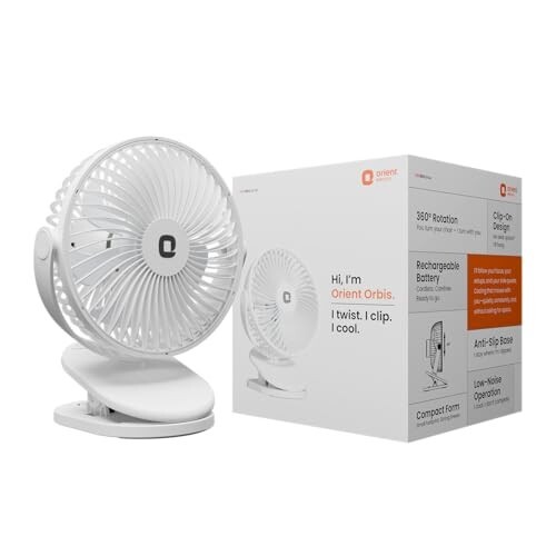 Orient Electric Orbis Rechargeable Personal Fan | 360° Rotation | 1800 mAh Battery (White)