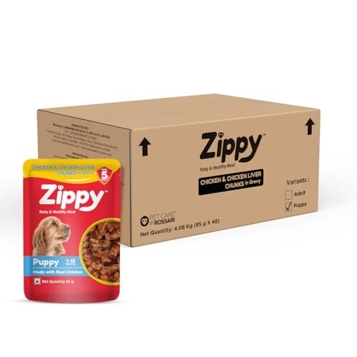 ZIPPY Puppy Dog Food 4.08KG Pack of 48 – Chicken & Liver Chunks in Gravy