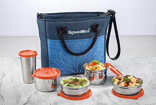 Signoraware Officier Steel Lunch Box with Blue Bag, Set of 5, 380 Ml+ 380 Ml+ 500 Ml+ 500 Ml+ 370 Ml, Red