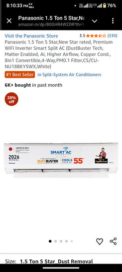 Panasonic 1.5 Ton 5 Star Split AC @39990