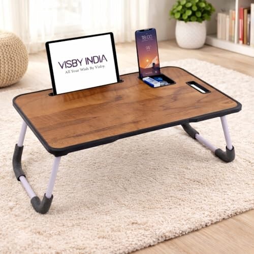 Smart Multipurpose Foldable Laptop Table with Cup Holder, Study Table, Bed Table, Breakfast Table, Foldable and Portable/Ergonomic & Rounded Edges/Non-Slip Legs (Wood NEW)