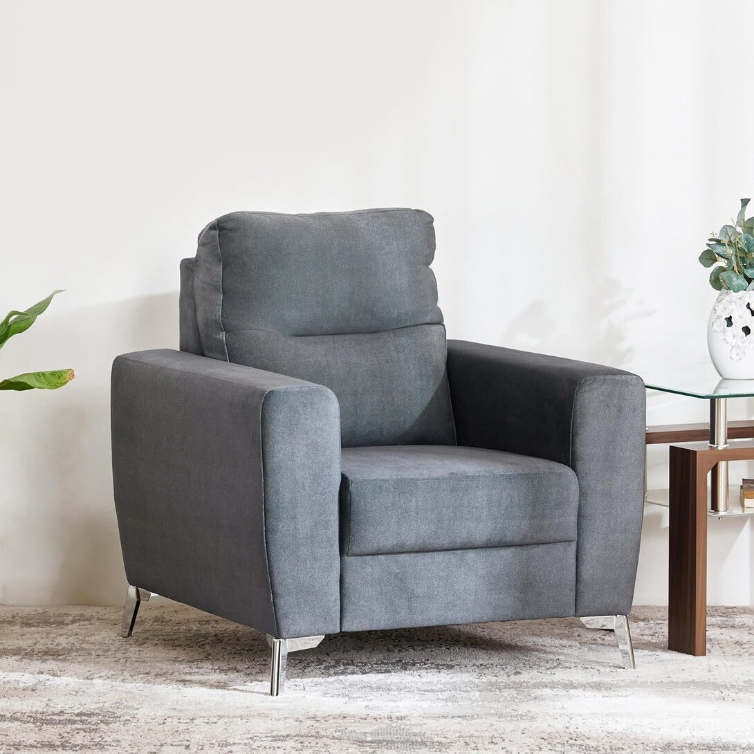 Home Centre | Helios Vive | Fabric|Solid Wood | 1 Seater Sofas | Grey | 1 Year Warranty