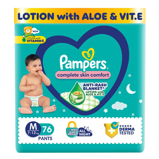  Pampers Complete Skin Comfort Pants, (M) 76 Count, Anti-rash blanket, Lotion with Vitamin E & Aloe Vera, Medium, 7-12kg 