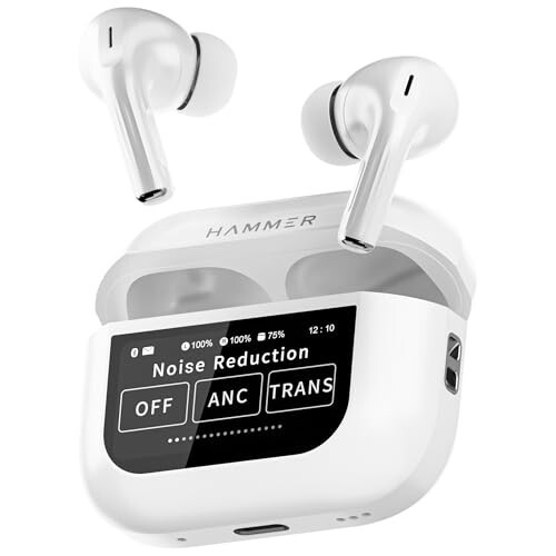 HAMMER Screen TWS Earbuds Wireless with 13mm Drivers, ANC Ear Buds 32dB, up to 50H Playtime TWS Ear Buds, Type-C Fast Charging, BT v5.4, True Wireless Earbuds Bluetooth,Transparency & EQ Mode (White)