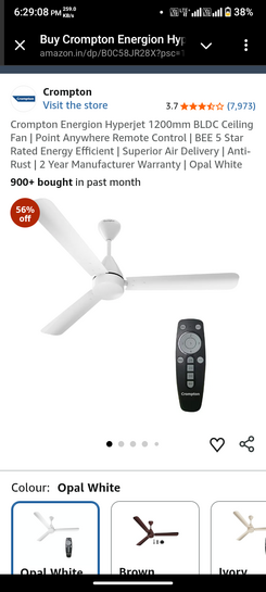 Crompton Energion Hyperjet 1200mm BLDC Ceiling Fan | Point Anywhere Remote Control | BEE 5 Star Rated Energy Efficient | Superior Air Delivery | Anti-Rust | 2 Year Manufacturer Warranty | Opal White