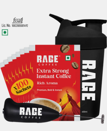RAGE Extra Strong Premium Blend Coffee Pack of 100+Multipurpose Shaker 450 ml+Frother Instant Coffee (100 x 1.5 g, Assorted Flavoured)