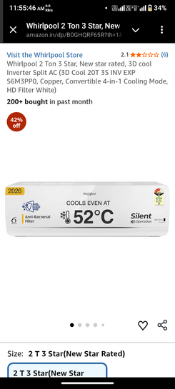 Whirlpool 2 Ton 3 Star, New star rated, 3D cool Inverter Split AC (3D Cool 20T 3S INV EXP S6M3PP0, Copper, Convertible 4-in-1 Cooling Mode, HD Filter White)