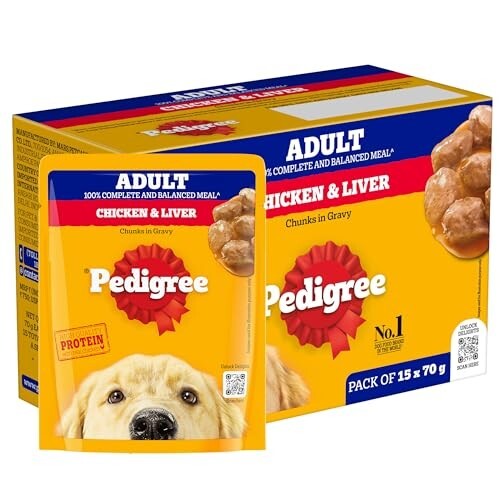 Pedigree Adult Wet Dog Food, Chicken & Liver Chunks in Gravy, 70 g (Pack of 15)