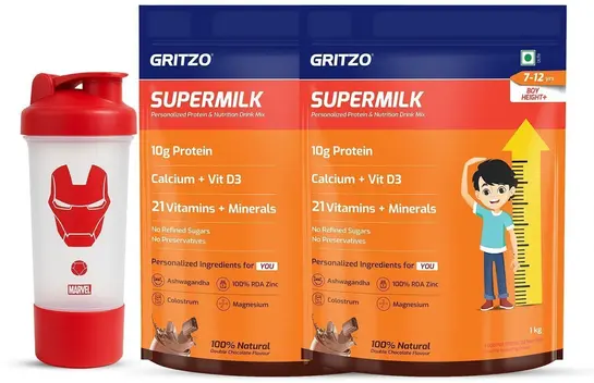 Gritzo SuperMilk Height+ (7-12y Boys), 10g Protein Powder, Double Chocolate (2 x 800 g)