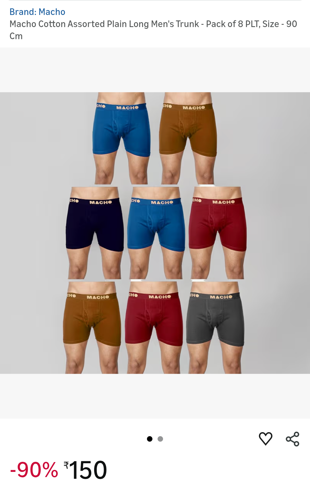 Macho Cotton Assorted Plain Long Men's Trunk - Pack of 8 PLT, Size - 90 ...