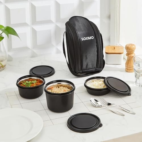 Amazon Brand - Solimo Lunch Box Set with Bag (Office, School & Travel) | 3 Steel Inner Containers (250 ml, 400 ml, and 550 ml) with Cutlery | Microwave Safe | Leakproof - Black