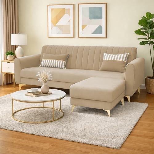 Adorn India Premium Luster 4 Seater L Shape Sofa Set | Color Beige with Golden Legs