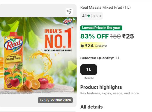 Flipkart Minutes:- Real Masala Mixed Fruit (1 L)