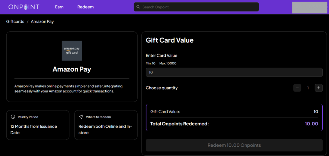 On-Points Redeem Apay GC min @10