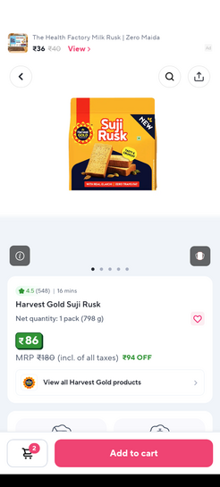 Harvest Gold Suji Rusk 798 gm at 52% off ( Location Specific)