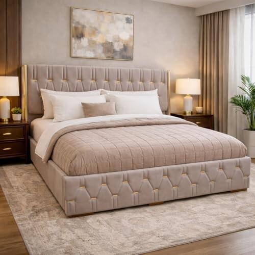 Royal Aura Upholstered King Size Bed with Box Storage for Bedroom | 6.5 x 6 Ft | Sheesham Wood | Navy