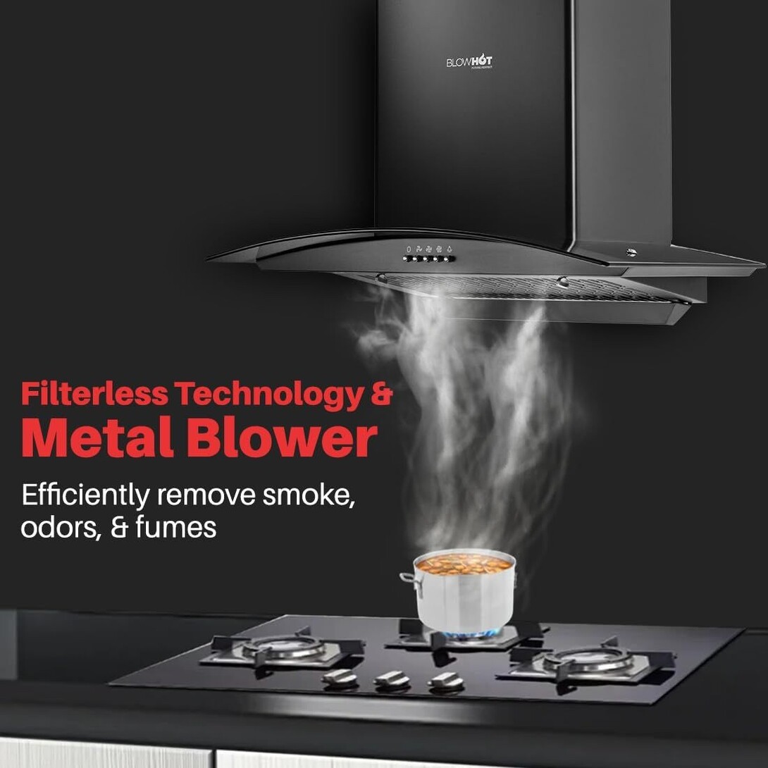BLOWHOT 60cm 1200 m³/h Push Control Chimney For Kitchen Filterless with Free Installation Kit, Curved Glass Design, Metal Blower, LED Lights, 7 Year Motor Warranty - (Acura S BPC, Black)