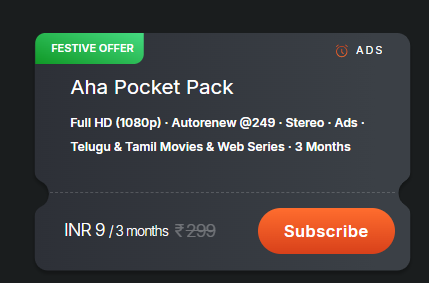 FESTIVE OFFER | Aha Pocket Pack Full HD (1080p) | 3 Months Plan (Telugu+Tamil) @9