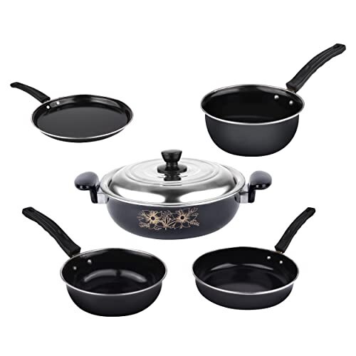 ATEVON 5-Piece Nonstick Cookware Set in Black - Includes Kadai with Lid, Large & Small Tadka, Frying Pan, Tawa, and Kitchen Tools - Ideal Gift for Home Chef