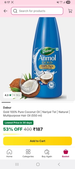 Minutes: 550ml coconut oil at Rs. 187