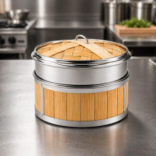 Bamboo Stainless Steel 16 Cm Steamer Basket with Lid – 1 Tier Round | Traditional Wooden Steamer for Momos, Dim Sum