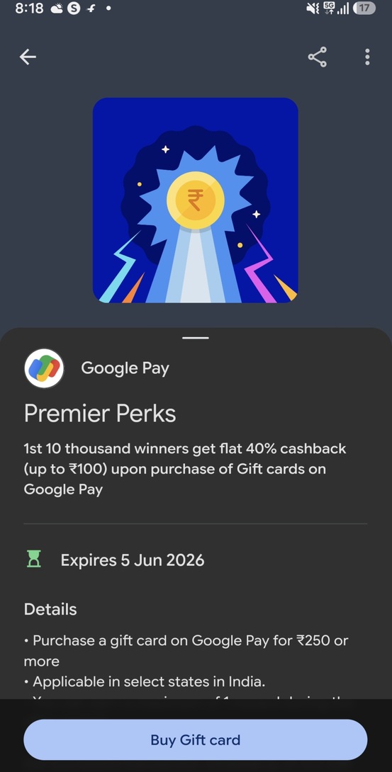 Gpay Flat 40% Cashback upto 100 on Gift Card Purchase of Min 250