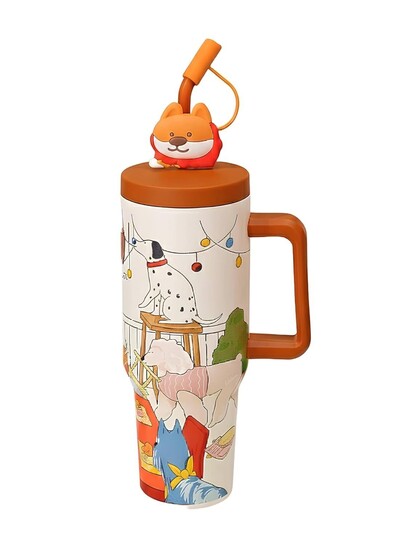 Insulated Travel Tumbler 1200ml | Spill Proof | Handle and Straw | Dog Adventure Print