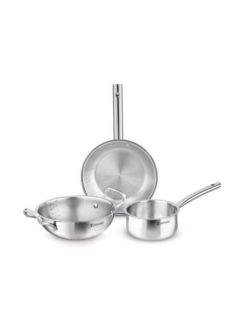 BERGNER Silver Toned Induction Base Tri Ply Stainless Steel Cookware Set Of 