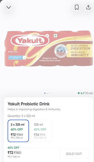Yakult probiotic drink 2*325 ml for 75 rupees