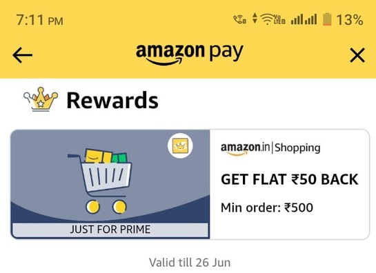 Amazon - Flat 50 back on min shopping of 500 [Account Specific] [Prime]