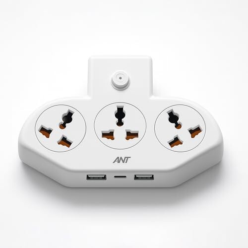 Ant Stinger 321 Extension Board with Surge Protector |3 AC Sockets + 2 USB (2.1A) + 1Fast Type-C |2500W 10A Power Strip |One-Key Switch |Overload & Child Safety Protection |Multi Plug Power Strip