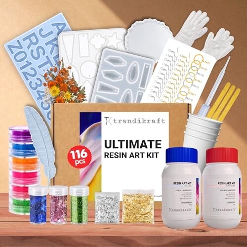 116pcs Ultimate All-in-One Resin Art Kit with 5 Silicone Moulds Dried Flowers Epoxy Raisin Materials for Making Alphabet Pendant Keychain
