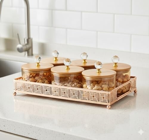 Diwali Serving Dry Fruit, 6 pcs Glass Container Serving Tray Set | 600 ML Each Premium Design Air-Tight Lid Snack Organizer Tray Copper Stand Wooden Lid
