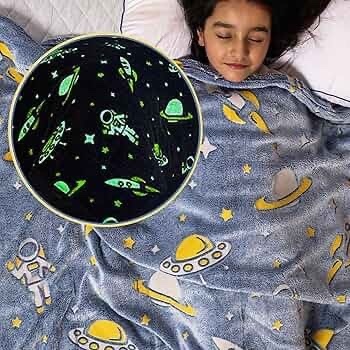 Glow in the Dark Kids Blanket 200x150cm | Blue Astronaut | Soft Flannel | Age 0-15