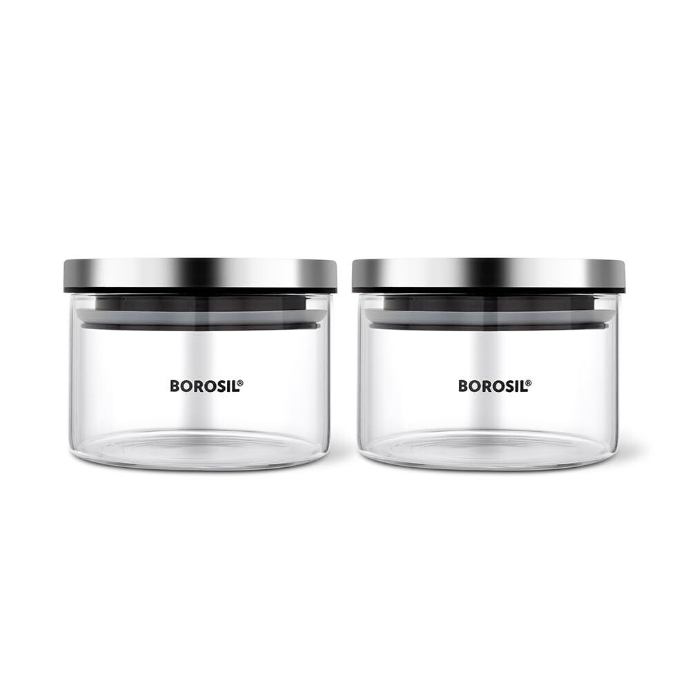 Borosil Classic Jar (300ml x 2) with Stainless Steel Lid | Borosilicate Glass Storage Organiser | Microwave & Dishwasher Safe Kitchen Containers for Spices, Snacks, Grains, Dals