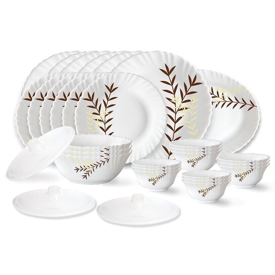 Larah by Borosil Oak Fluted Series Opalware Dinner Set | 31 Pieces for Family of 6 