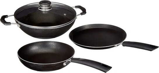 Amazon Brand - Solimo 3 Pcs Non Stick Cookware Set - Aluminium, Black