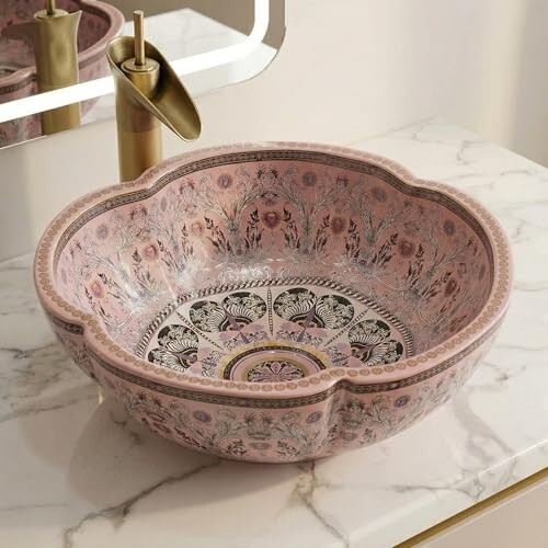 B Backline Mexican Design Ceramic Wash Basin | Designer Table Top wash basin | Countertop Basin For Livingroom & Bathroom 41 X 41 X 14 Cm (Matt Finish) (Pink)