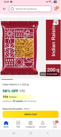 Flipkart Minutes: 200gm Raisins at Rs. 74