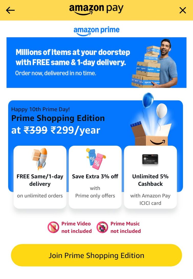 Prime Shopping Edition ₹299 /year | Prime Lite ₹599 /year | Prime ₹999