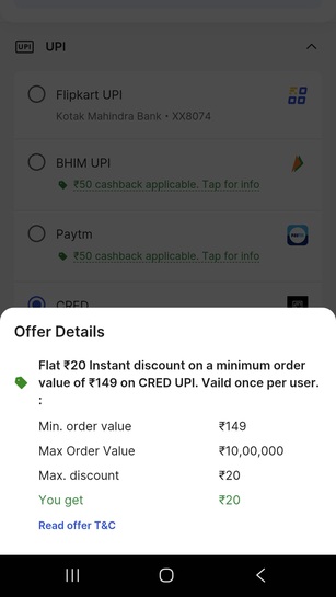 Flipkart Flat ₹20 Instant discount on a minimum order value of ₹149 on CRED UPI