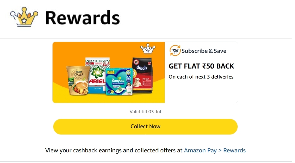 Amazon-Get Flat ₹50 Cashback on Subscribe to any product above ₹300 and flat ₹50 back on each of the next two auto-deliveries