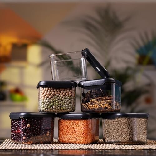 Clazkit Air Tight Modular Containers Storage Set For Kitchen, Pantry Organization, Bpa-Free, Dishwasher Safe (Pack Of 6, Black, 500 ml, Plastic)