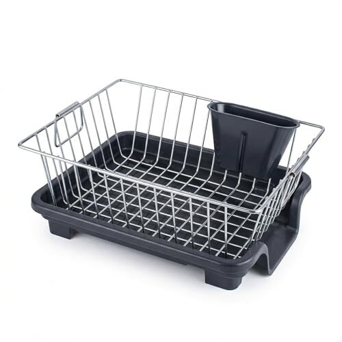 Premium Stainless Steel Dish Rack for Kitchen | Dish Drying Rack with Draining Tray & Cutlery Holder | Space Saving Utensil Stand | Bartan Organizer Basket with Handle