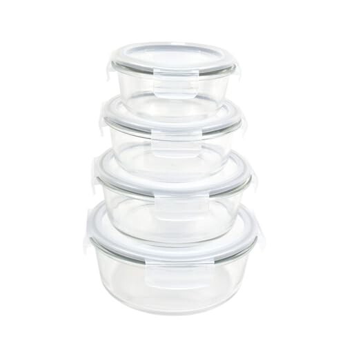Signoraware Safe N Store Glass Round Container | Airtight & Leakproof Locking Lid | Durable | Microwave Safe | Ideal For Kitchen Storage & Lunch Boxes (400ml+620ml+950ml+1.3Ltr | Set of 4 | Clear)