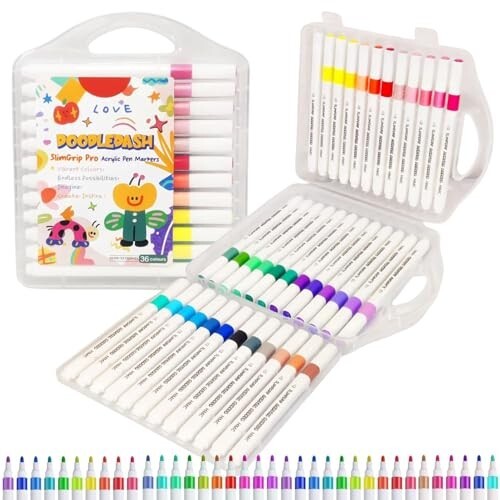 Professional Acrylic Paint Markers Set, 36 Vibrant Colours, Brush Tip, Water-Based, Non-Toxic, for Rock Painting, Canvas, Glass, Wood, School Projects, with Portable Storage Case
