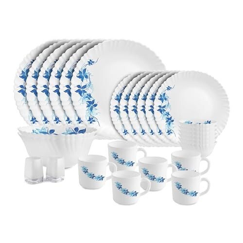 Cello Dazzle Series Blue Swirl Opalware Dinner Set | 28Pcs | White